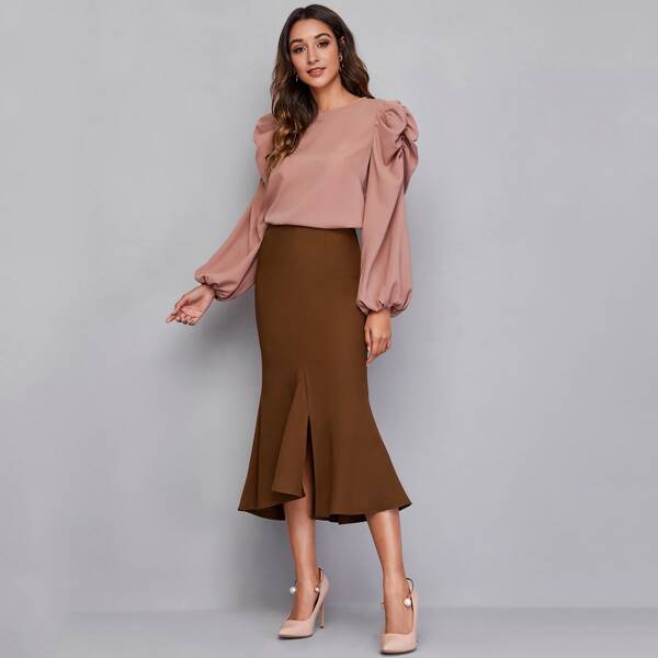 

Puff Sleeve Top & Split Hem Mermaid Skirt Set, Multicolor