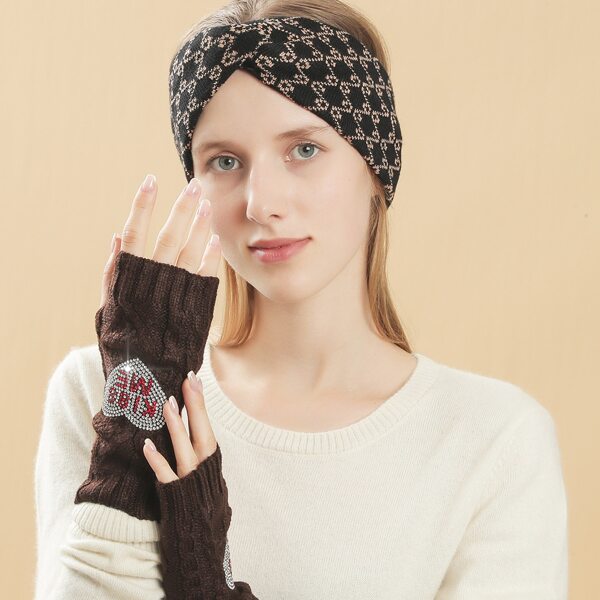 

1pair Fingerless Gloves & 1pc Headband, Coffee brown