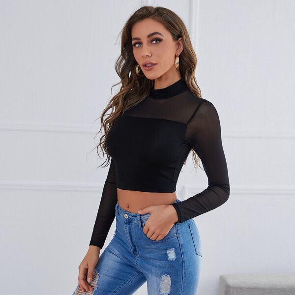 

Mock Neck Sheer Mesh Yoke & Sleeve Crop Top, Black