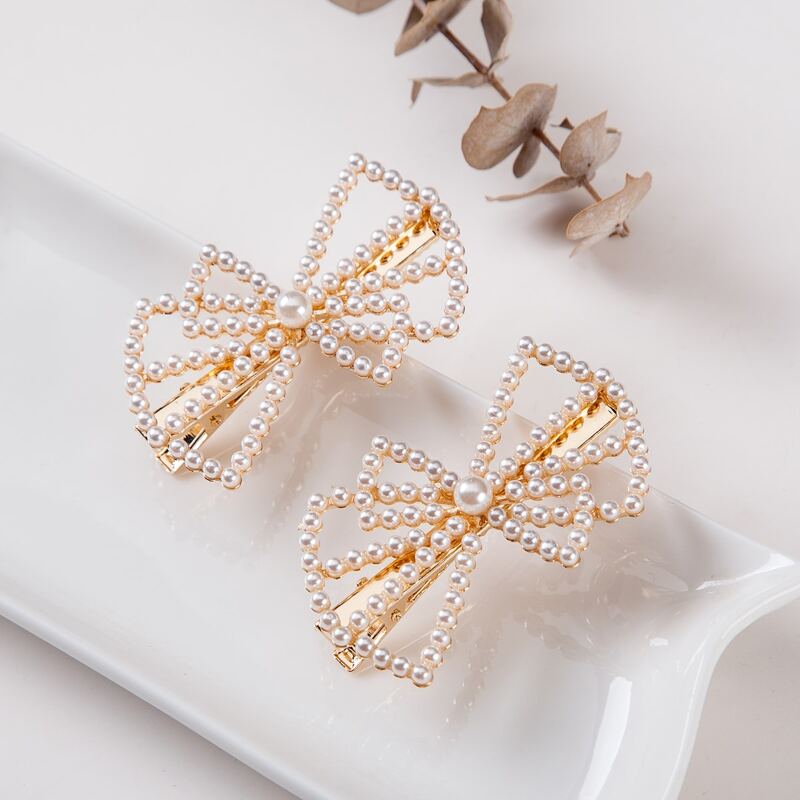 

2pcs Faux Pearl Bow Hair Clip, Multicolor