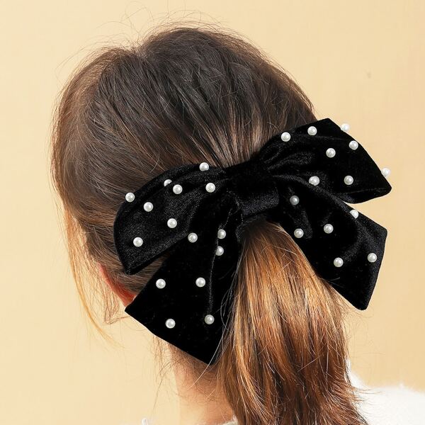 

Faux Pearl Decor Bow Hair Clip, Black
