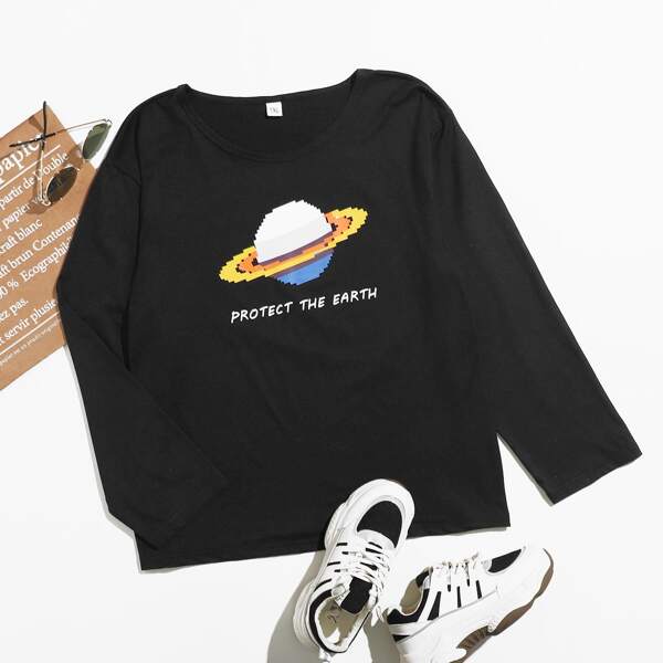 

Plus Slogan And Planet Print Sleep Tee Without Pants, Black