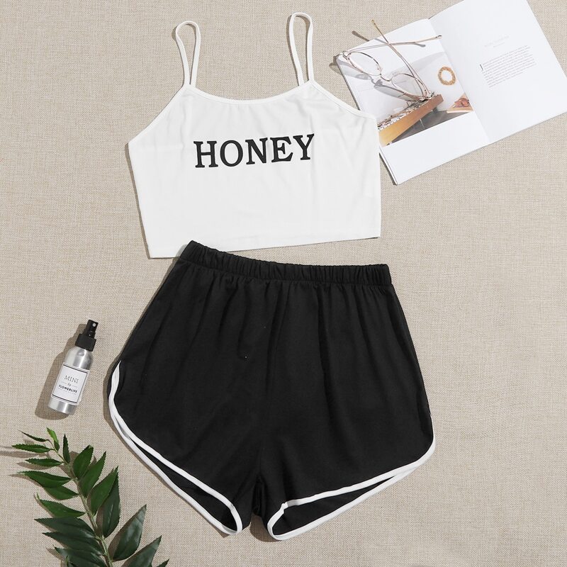 

Letter Graphic Contrast Binding Pajama Set, Black and white