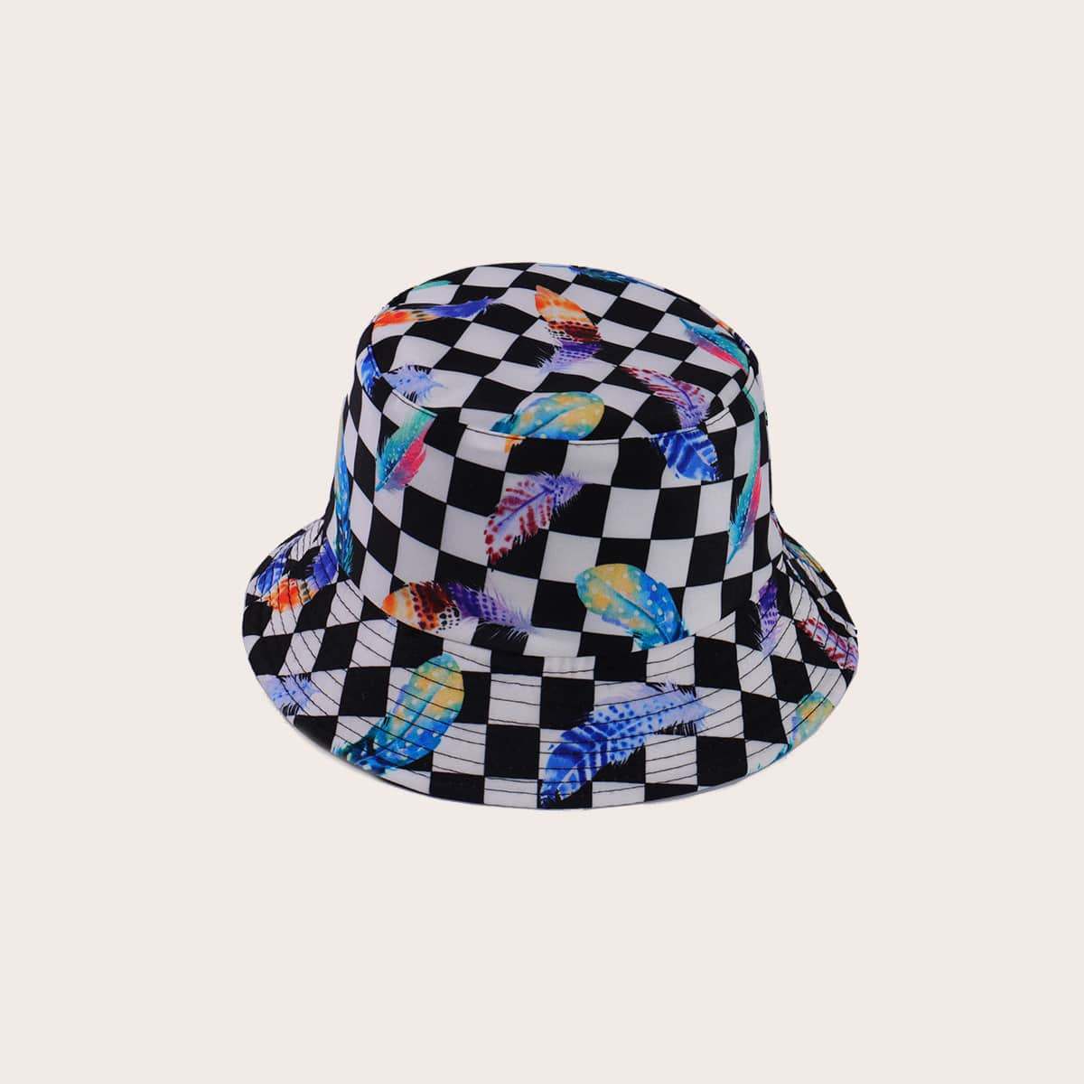 

Feather Print Checkerboard Bucket Hat, Multicolor