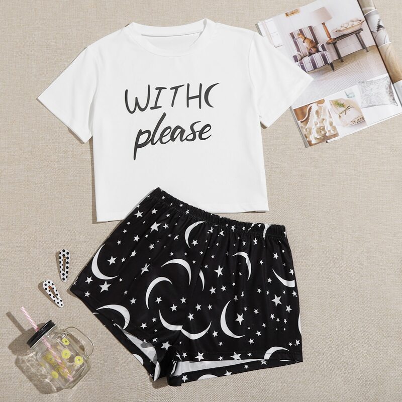 

Letter And Galaxy Print Pajama Set, Black and white