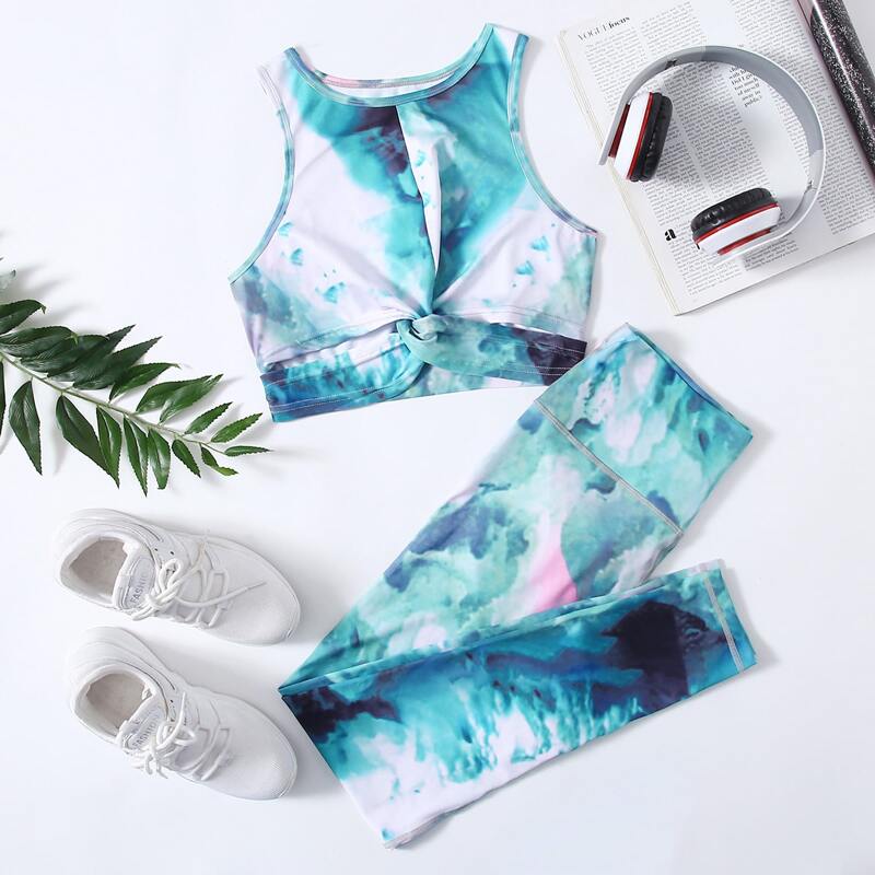 

Tie Dye Twist Hem Tank Top With Leggings Sports Set, Multicolor
