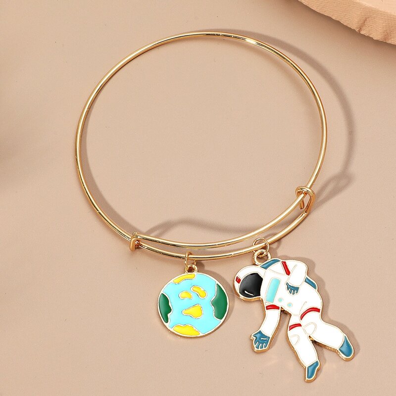 Astronaut & Planet Charm Bangle, Gold