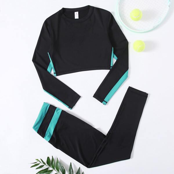 

Contrast Panel Top With Leggings Sports Set, Black