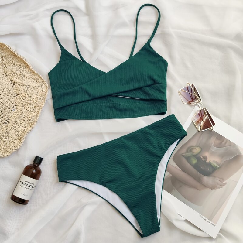 

Rib Criss Cross Front Bikini Swimsuit, Dark green