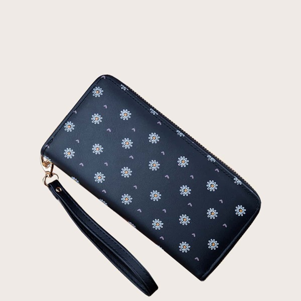 

Floral Graphic Zipper Long Wallet With Wristlet, Black
