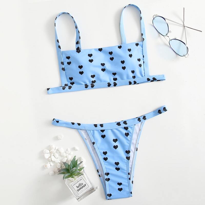 

Heart Print Bikini Swimsuit, Baby blue