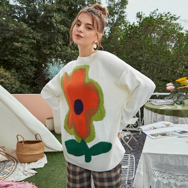 

Floral Pattern Drop Shoulder Oversized Sweater, White