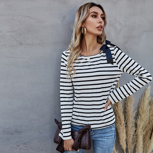 

Striped Bow Detail Tee, White
