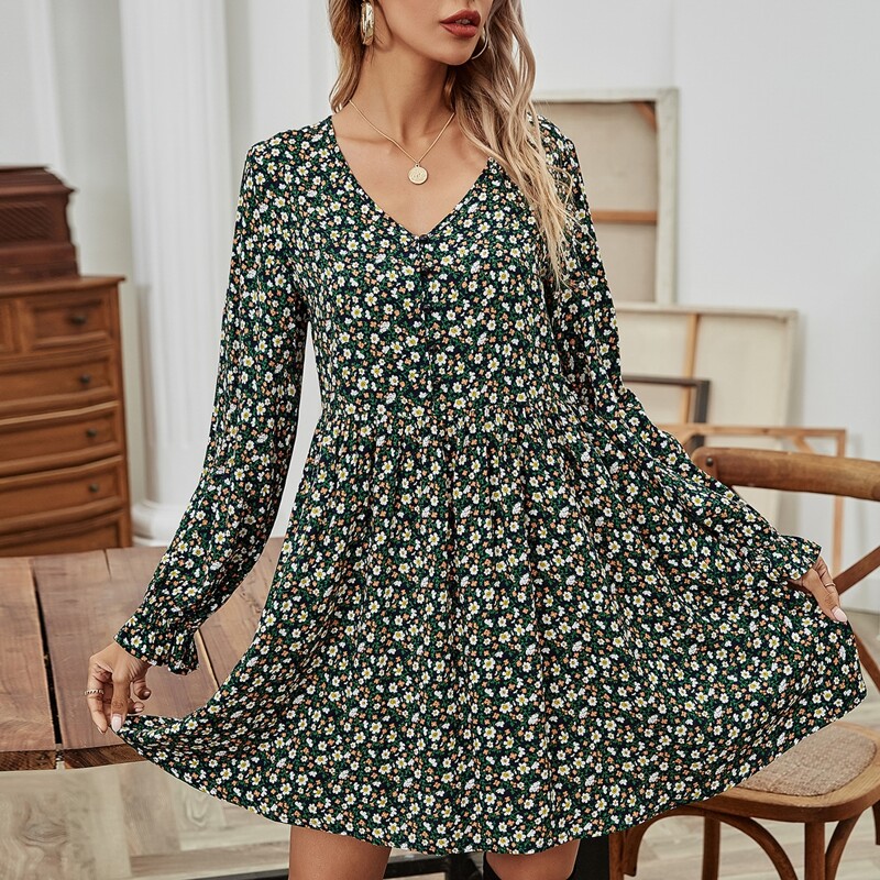 

Ditsy Floral Print V-neck Dress, Multicolor