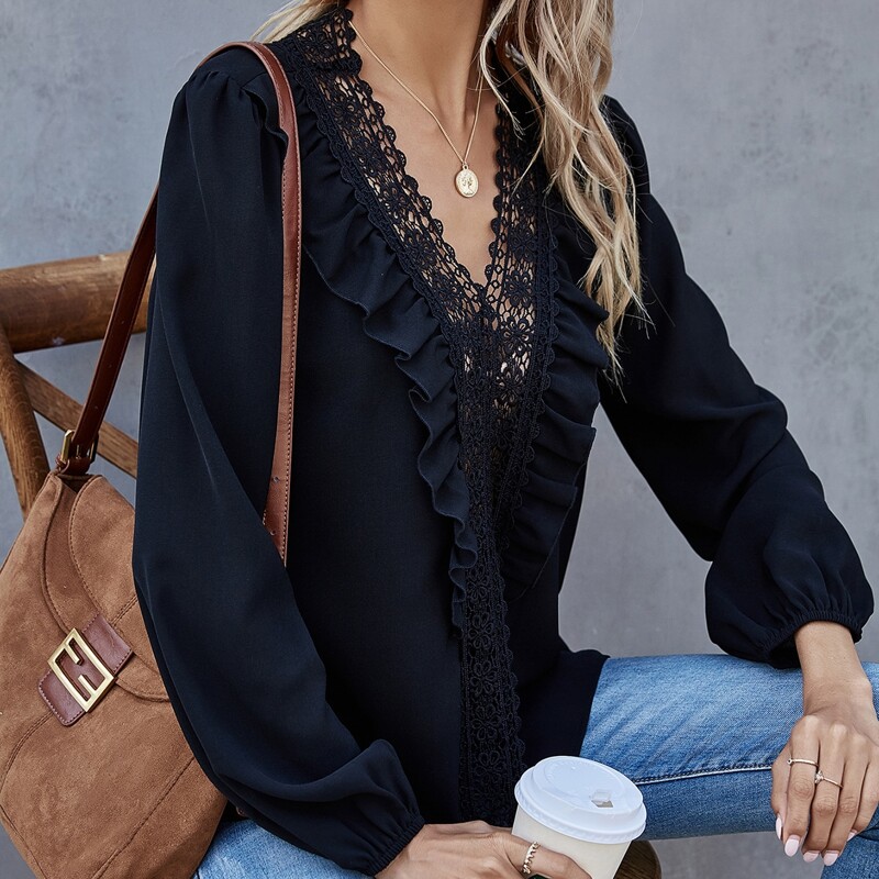 

Contrast Lace V-neck Ruffle Trim Blouse, Black