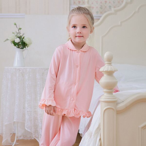 

Toddler Girls Flounce Sleeve Ruffle Hem PJ Set, Baby pink