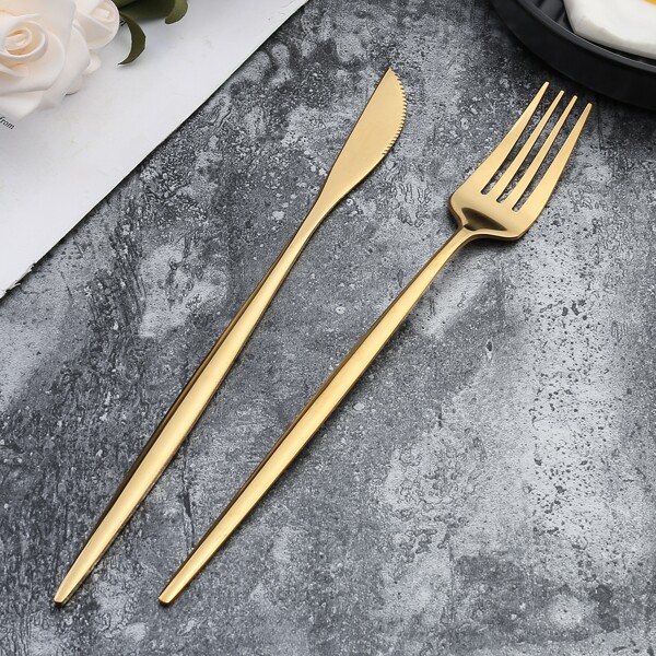 

2pcs Stainless Knife & Fork Set, Gold