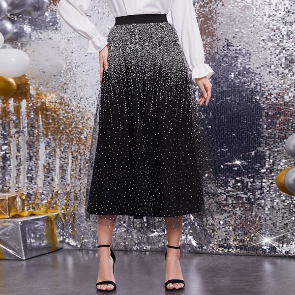 

Splash Ink Mesh Overlay High Waisted Skirt, Black