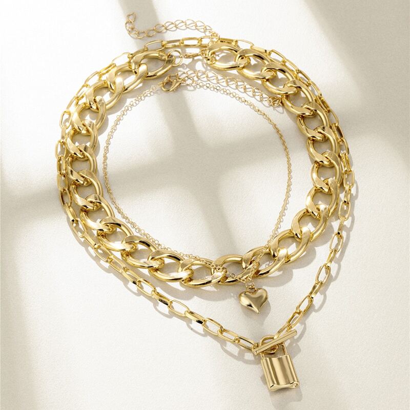 

2pcs Lock & Heart Chunky Chain Necklace, Gold