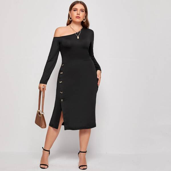 

Plus Asymmetrical Neck Split Hem Button Detail Fitted Dress, Black