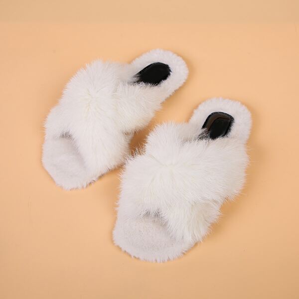 

Fluffy Cross Strap Slippers, White
