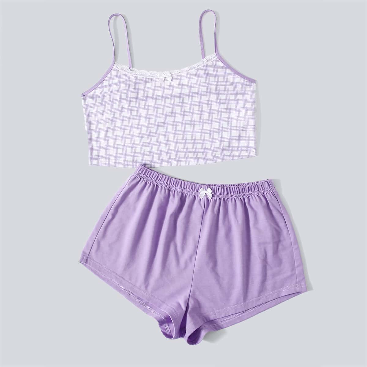 

Plaid Lace Trim PJ Set, Purple