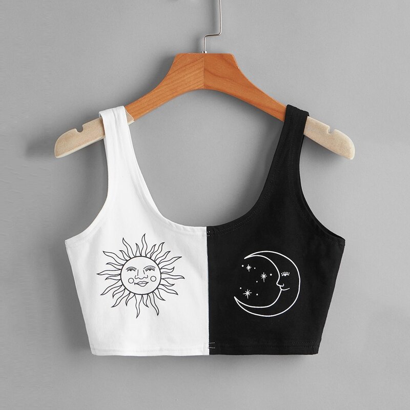 Two Tone Sun & Moon Graphic Crop Tank, Black and white