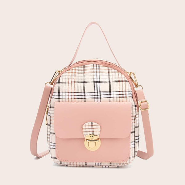 

Plaid Pattern Push Lock Backpack, Pink