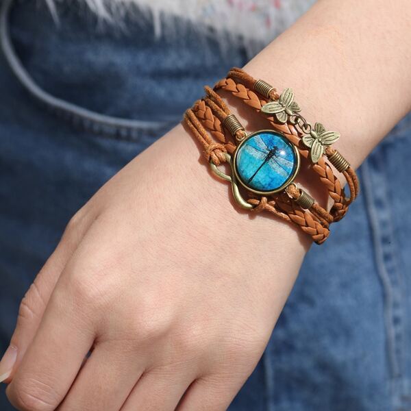 

Dragonfly Pattern Round Decor Layered Bracelet, Brown