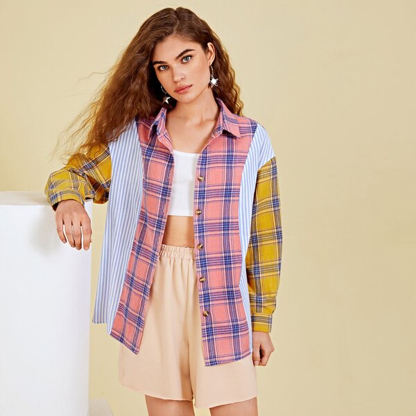 

Collared Drop Shoulder Striped and Plaid Blouse, Multicolor