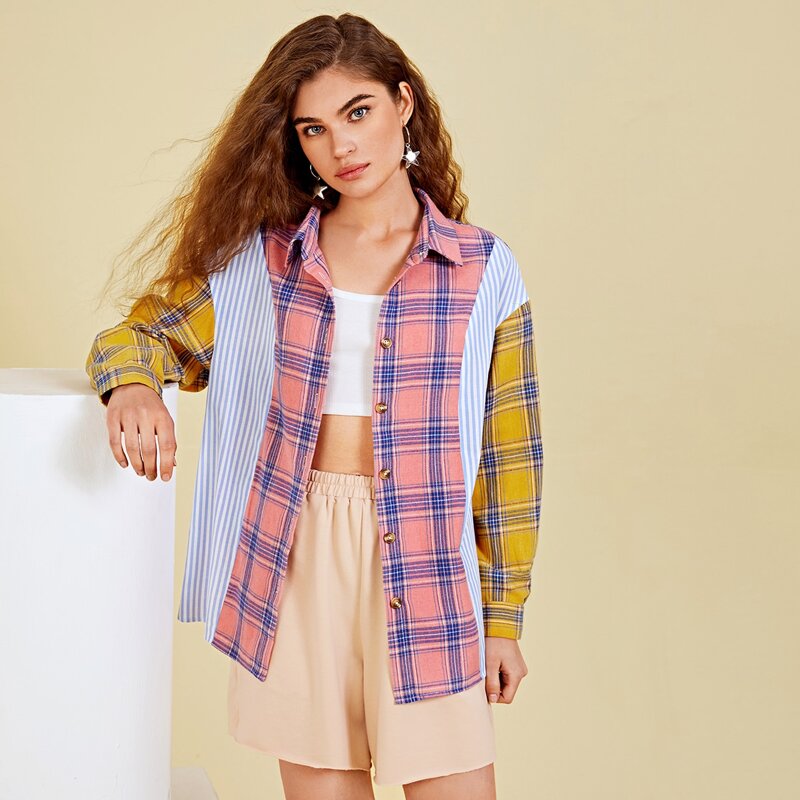 

Collared Drop Shoulder Striped and Plaid Blouse, Multicolor