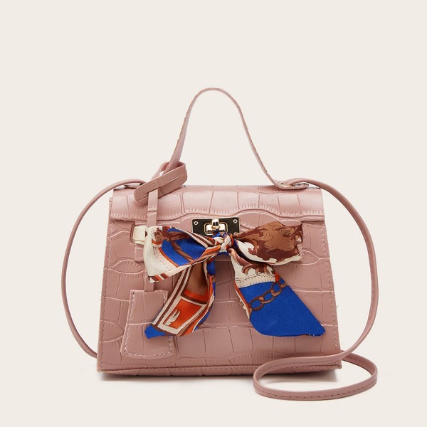 

Twilly Scarf Decor Croc Embossed Satchel Bag, Pink