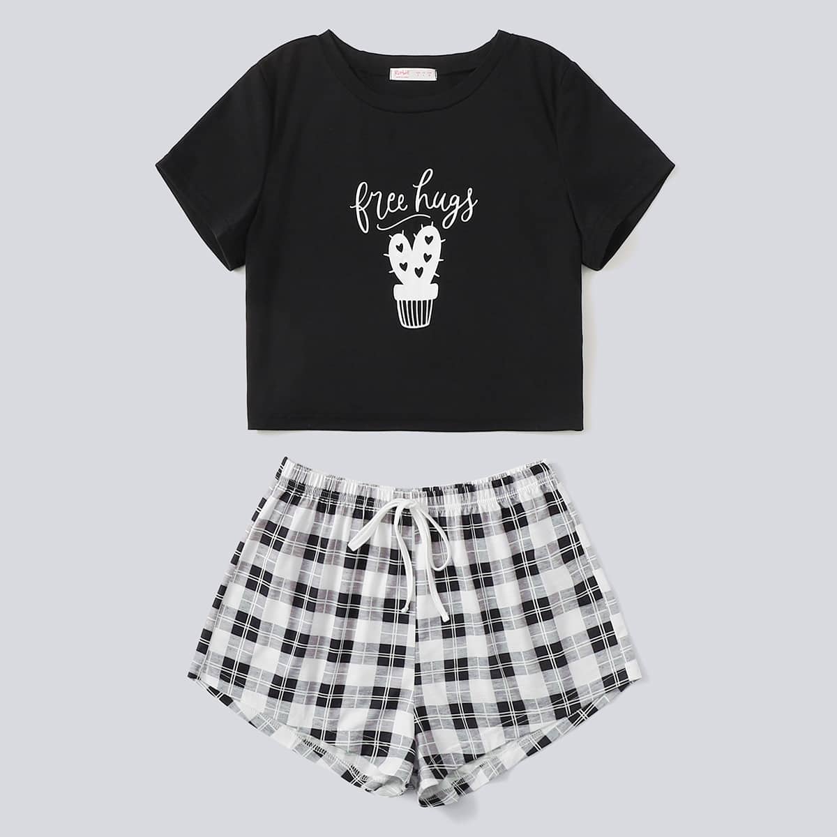 

Cactus & Plaid Pattern PJ Set, Black and white