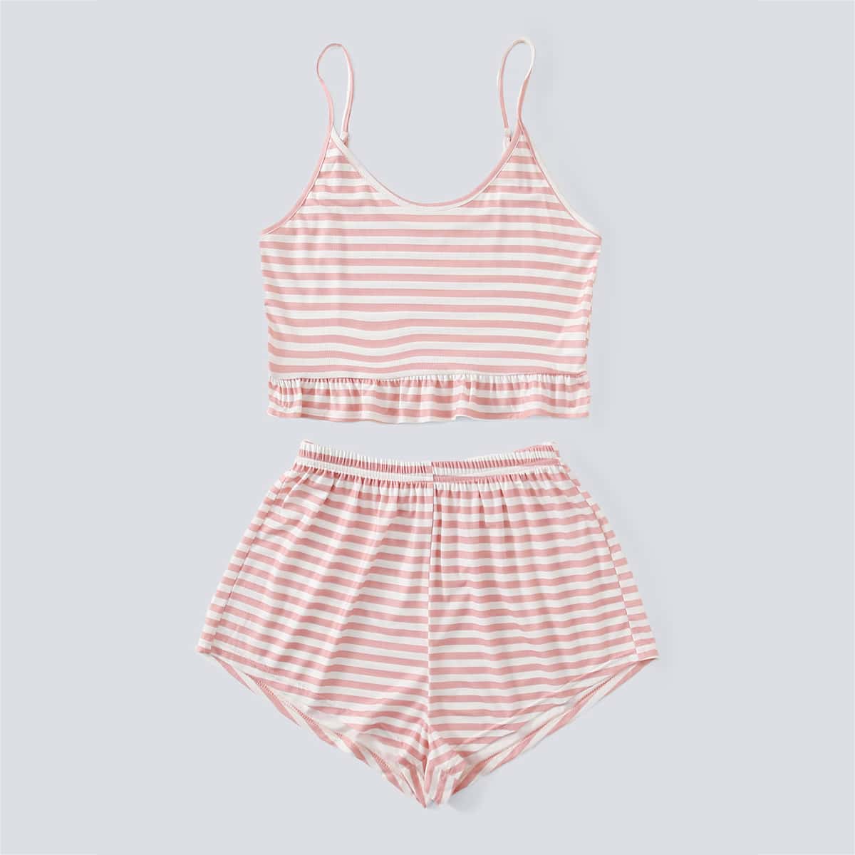 

Stripe Ruffle Trim PJ Set, Pink