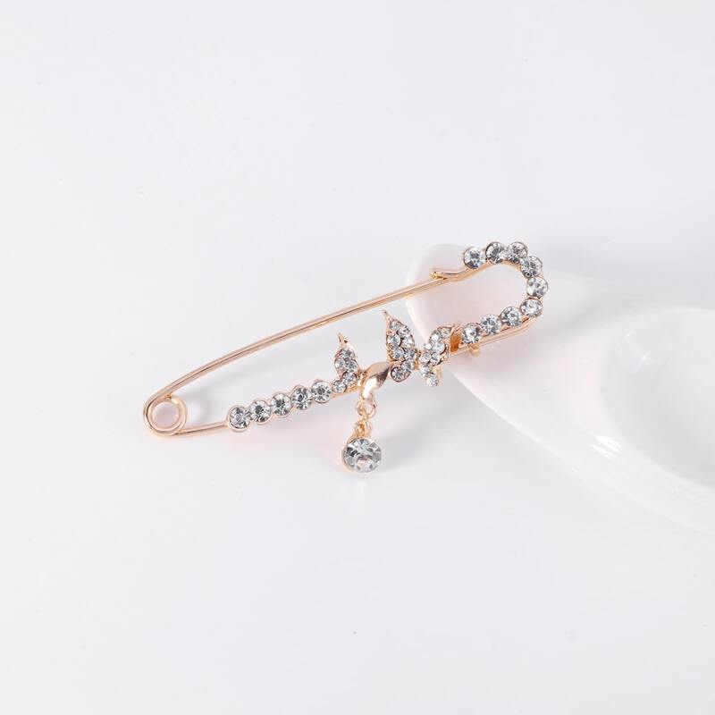 

Rhinestone Butterfly Safety Pin Brooch, Gold