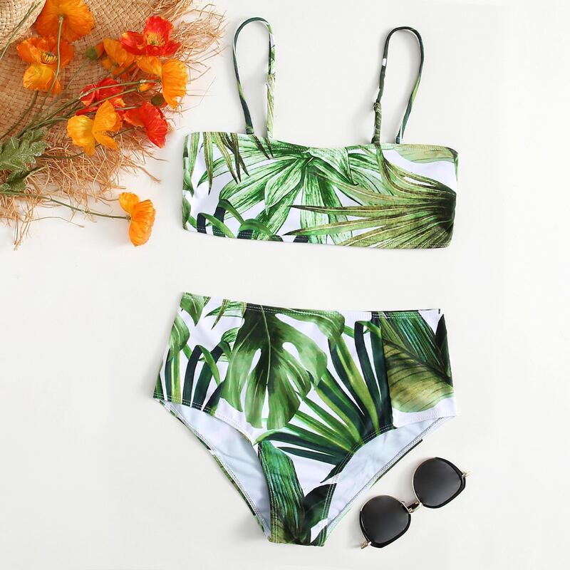 

Tropical Print High Waist Bikini Swimsuit, Green