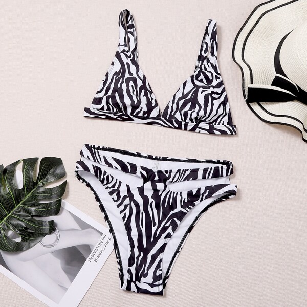 

Zebra Striped Cut-out Triangle Bikini Swimsuit, Black and white