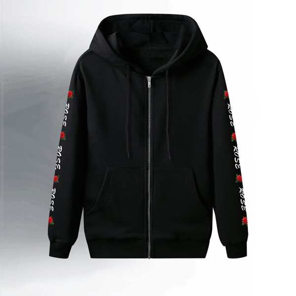 

Men Letter & Rose Print Zip Up Drawstring Hoodie, Black