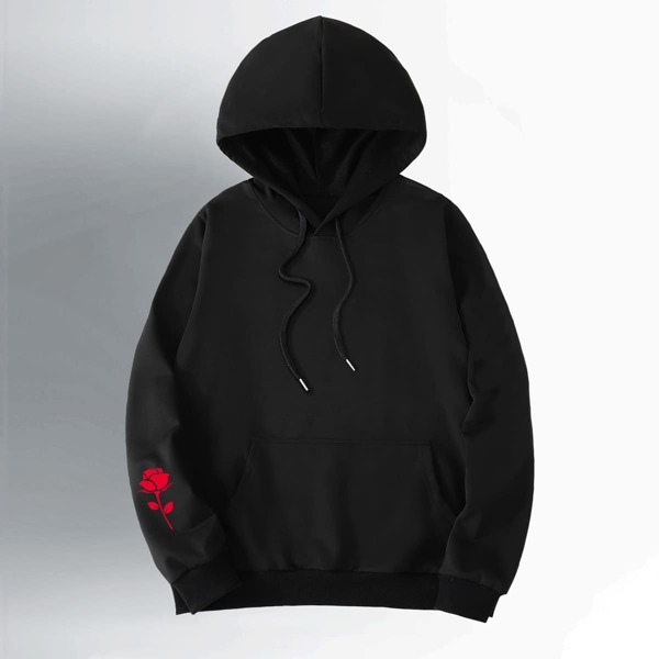 

Men Floral Print Drawstring Hoodie, Black