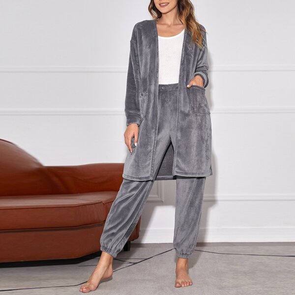 

2pcs Dual Pocket Flannel Robe & Pants Lounge Set, Dark grey