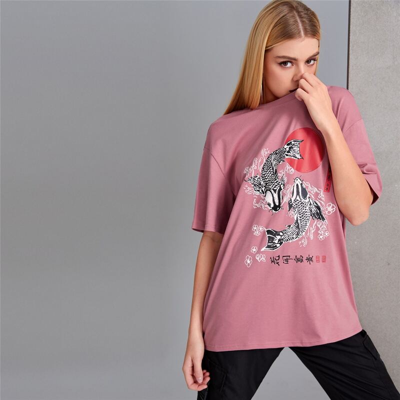 

Fish Pattern Oversized Tee, Dusty pink