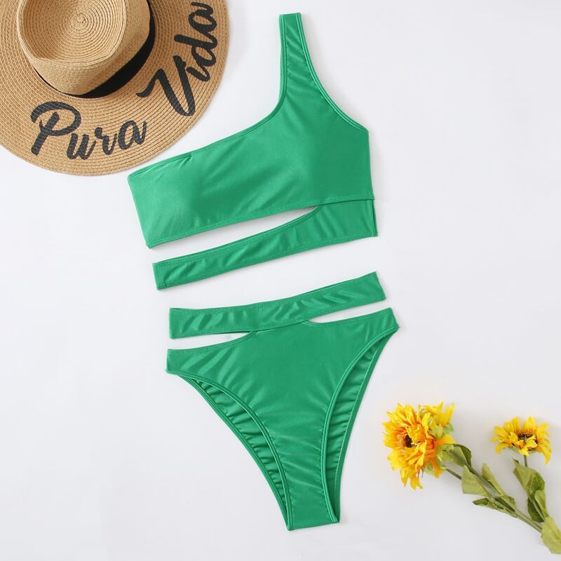 

One Shoulder Cut Out Bikini Swimsuit, Green