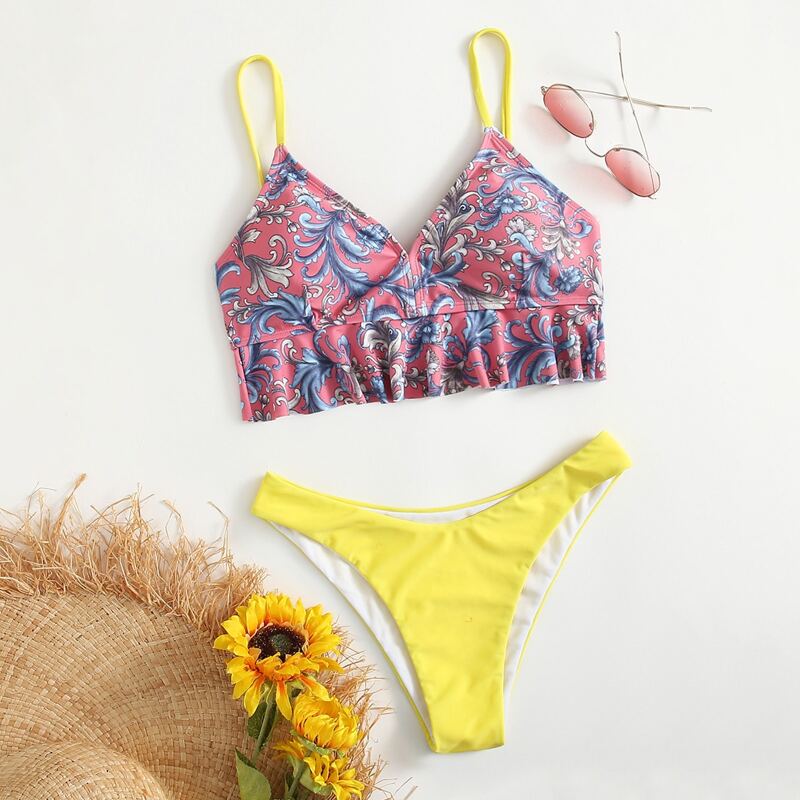 

Floral Ruffle Hem High Cut Bikini Swimsuit, Multicolor