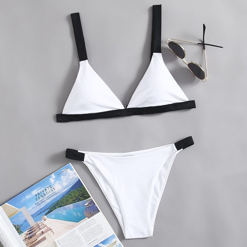 

Contrast Binding Triangle Bikini Swimsuit, White