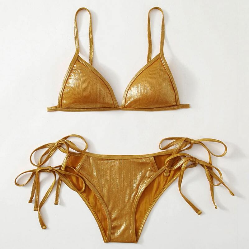 

Metallic Cut-out Tie Side Bikini Swimsuit, Gold