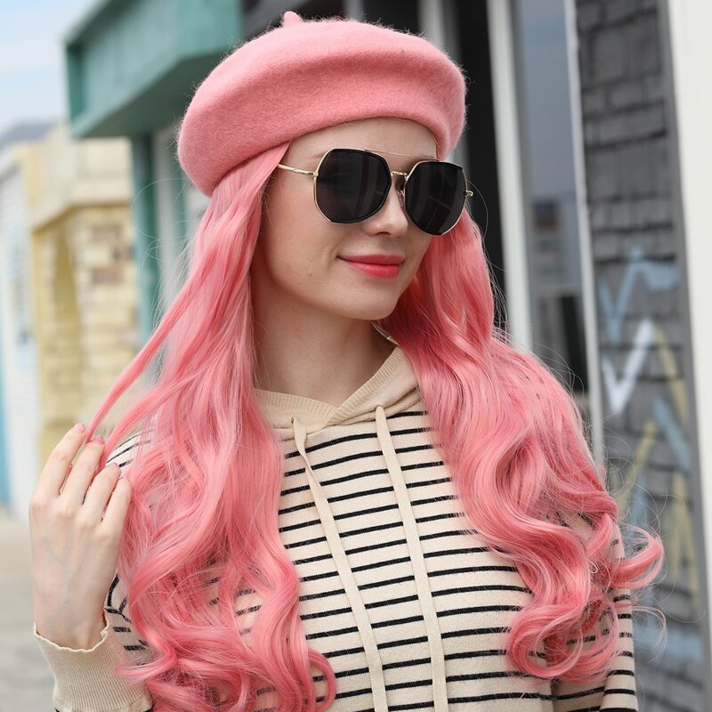 

Natural Long Curly Wig With Beret, Pink