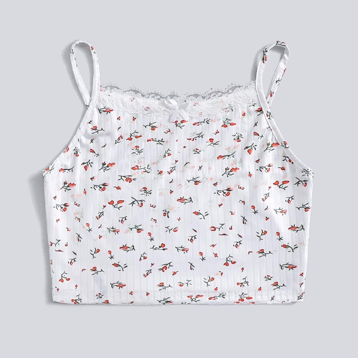 

Ditsy Flower Contrast Lace Crop Cami, White