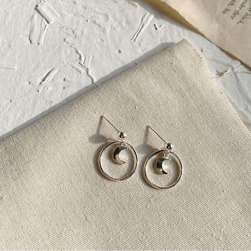 

Moon Round Drop Earrings, Silver