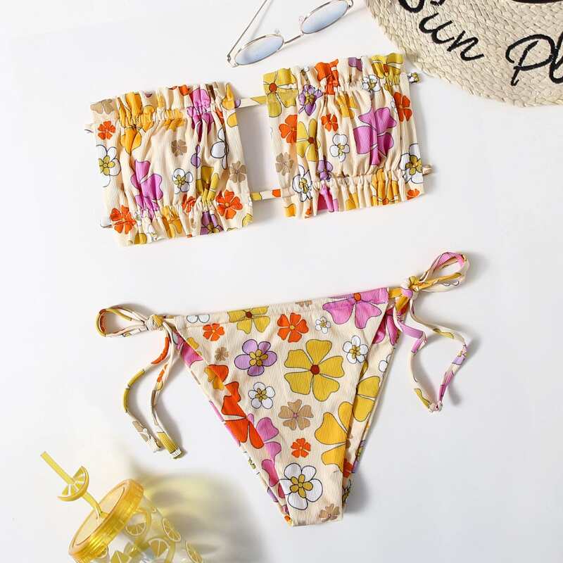 

Floral Ruched Tie Side Bikini Swimsuit, Multicolor