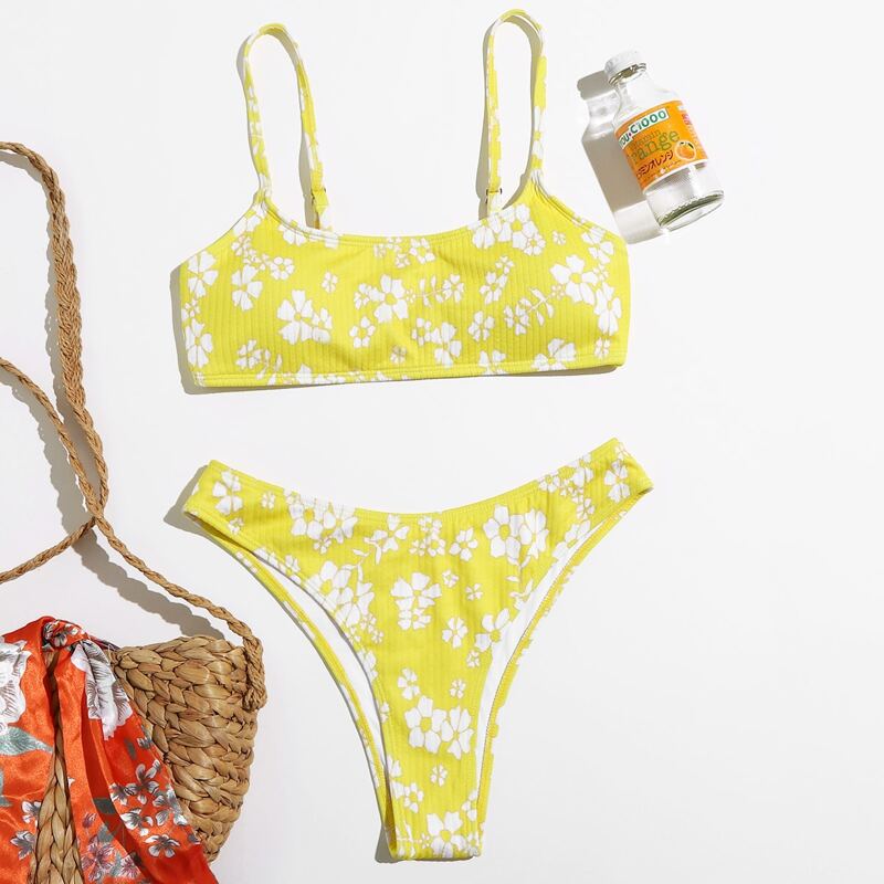 

Floral High Cut Bikini Swimsuit, Yellow